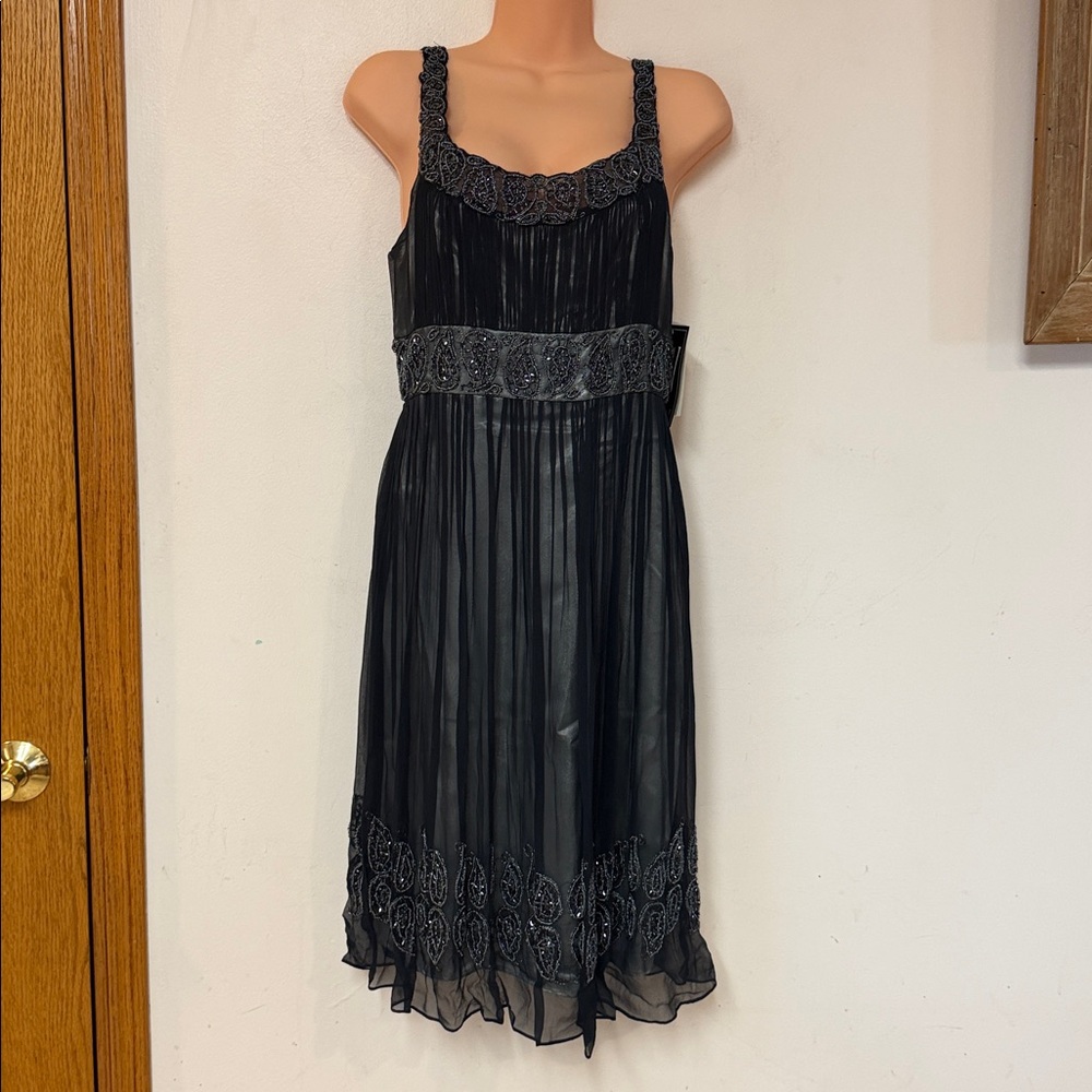 Nightway Silk Pleated Beaded Navy Regency Fairy Cocktail Party Prom Formal Dress